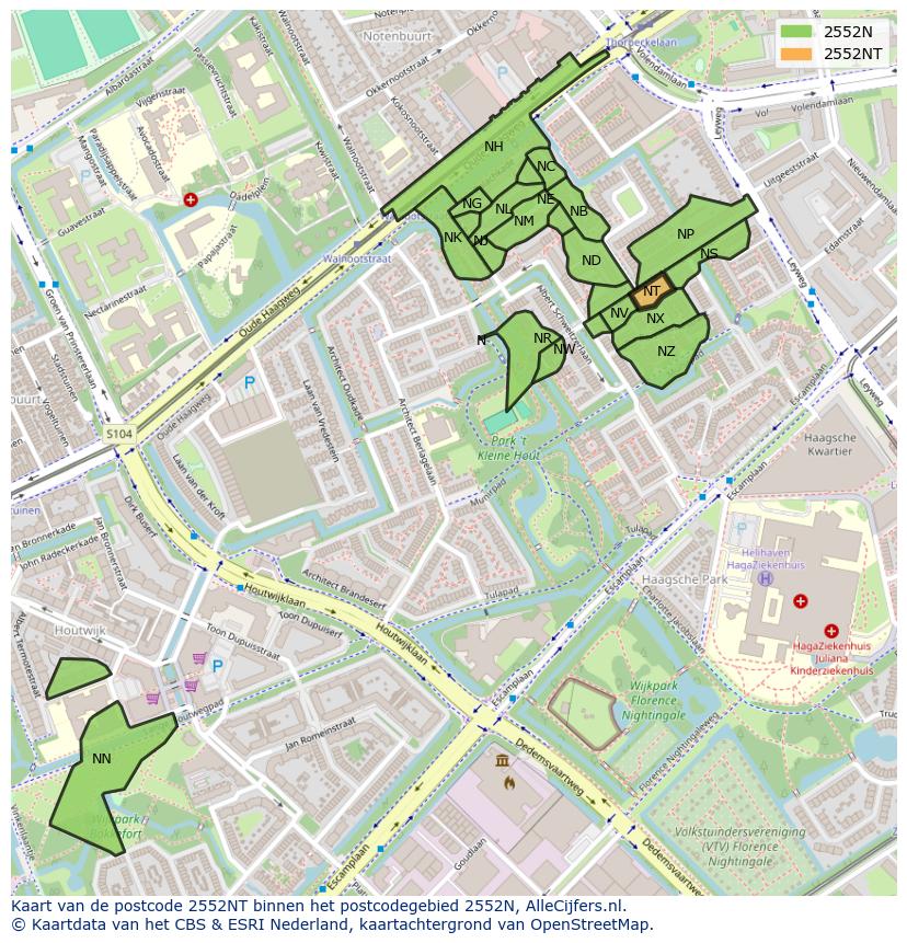 Afbeelding van het postcodegebied 2552 NT op de kaart.