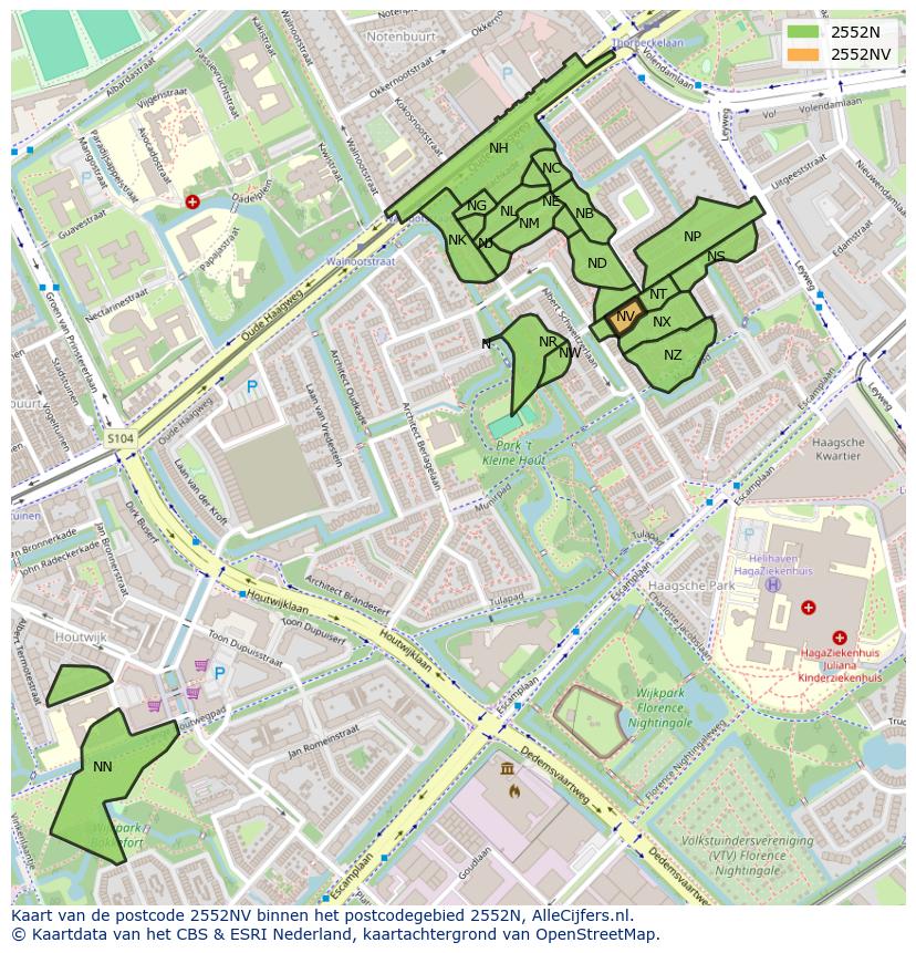Afbeelding van het postcodegebied 2552 NV op de kaart.