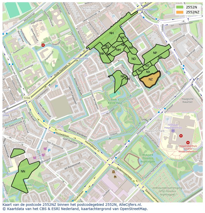 Afbeelding van het postcodegebied 2552 NZ op de kaart.