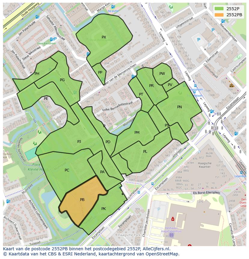 Afbeelding van het postcodegebied 2552 PB op de kaart.