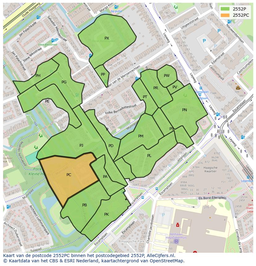 Afbeelding van het postcodegebied 2552 PC op de kaart.
