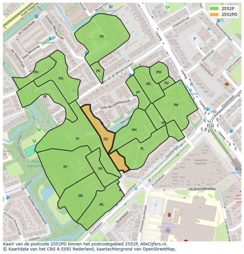 Afbeelding van het postcodegebied 2552 PD op de kaart.