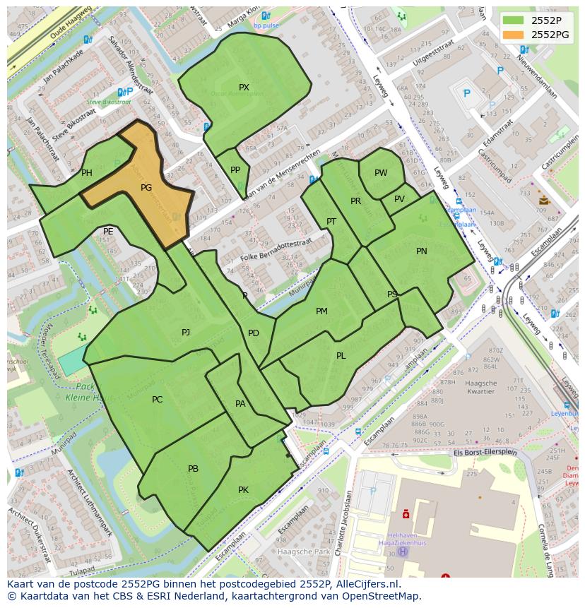 Afbeelding van het postcodegebied 2552 PG op de kaart.