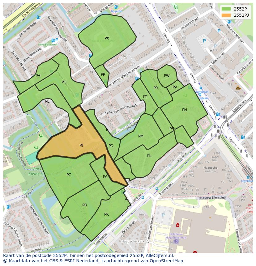 Afbeelding van het postcodegebied 2552 PJ op de kaart.