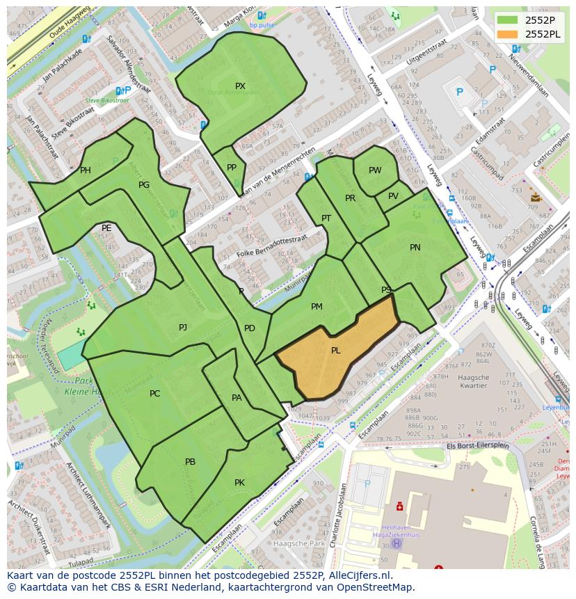 Afbeelding van het postcodegebied 2552 PL op de kaart.