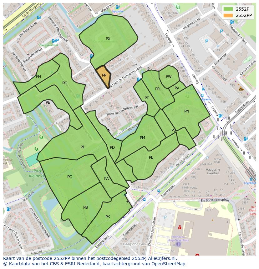 Afbeelding van het postcodegebied 2552 PP op de kaart.