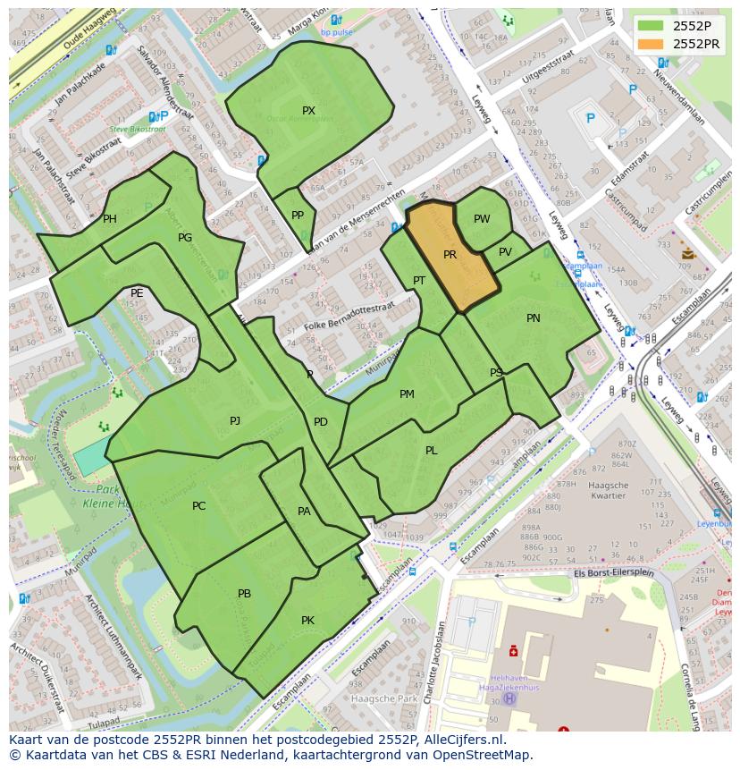 Afbeelding van het postcodegebied 2552 PR op de kaart.