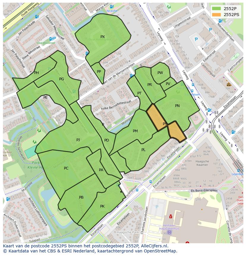 Afbeelding van het postcodegebied 2552 PS op de kaart.