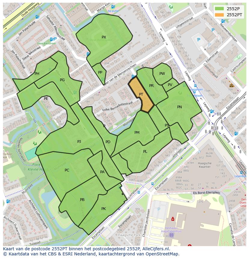 Afbeelding van het postcodegebied 2552 PT op de kaart.