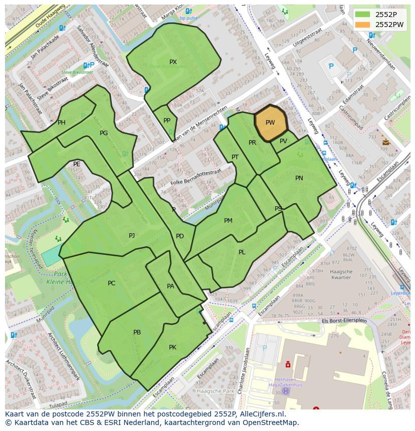 Afbeelding van het postcodegebied 2552 PW op de kaart.
