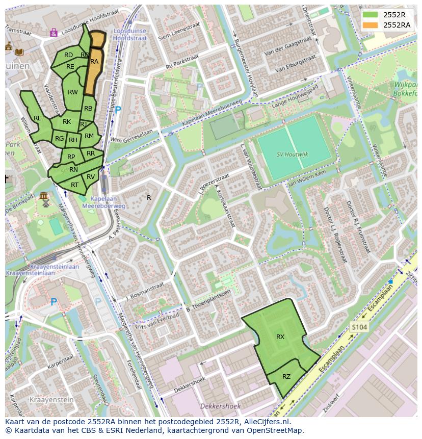 Afbeelding van het postcodegebied 2552 RA op de kaart.