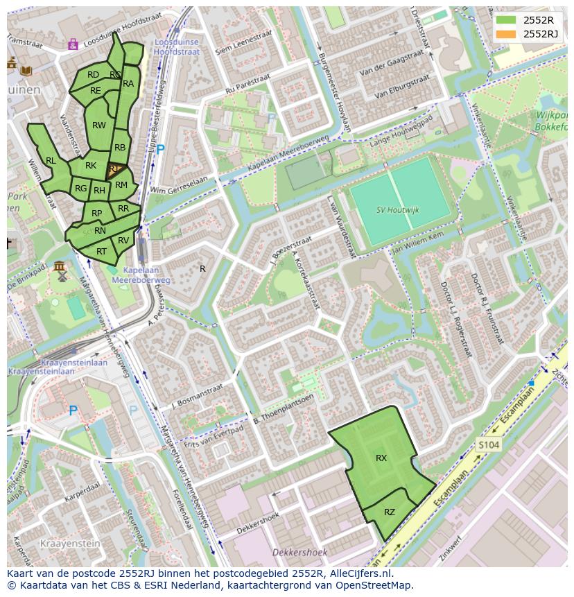 Afbeelding van het postcodegebied 2552 RJ op de kaart.