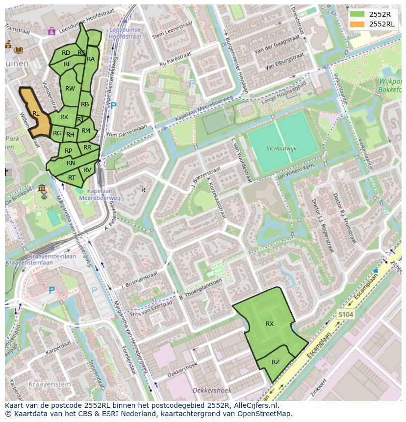 Afbeelding van het postcodegebied 2552 RL op de kaart.