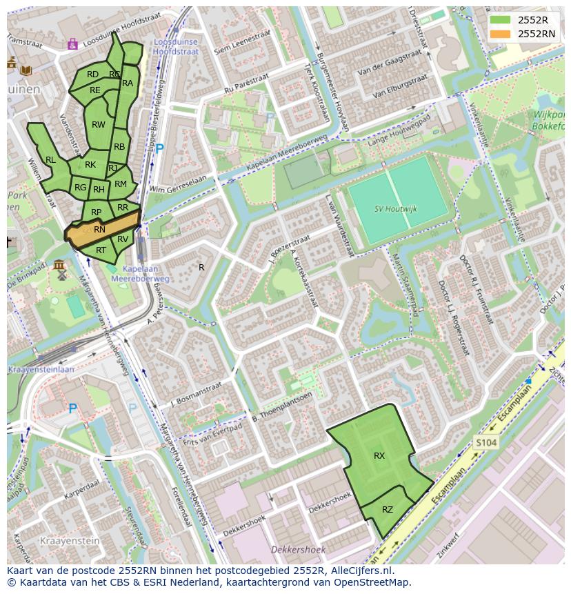 Afbeelding van het postcodegebied 2552 RN op de kaart.