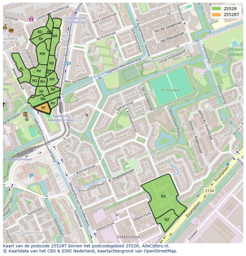 Afbeelding van het postcodegebied 2552 RT op de kaart.