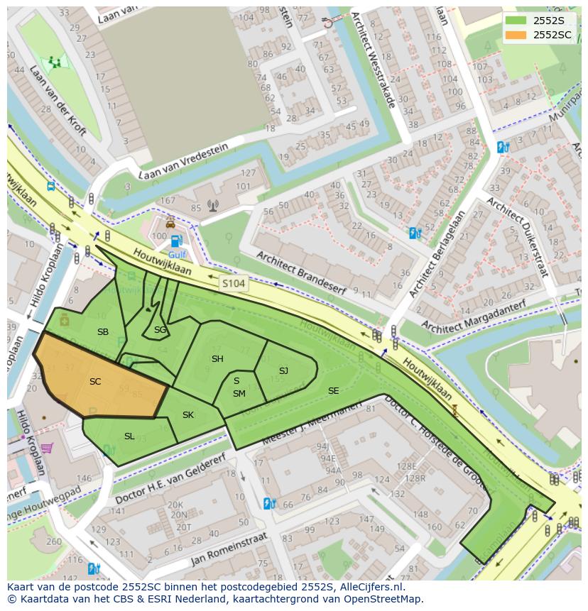 Afbeelding van het postcodegebied 2552 SC op de kaart.