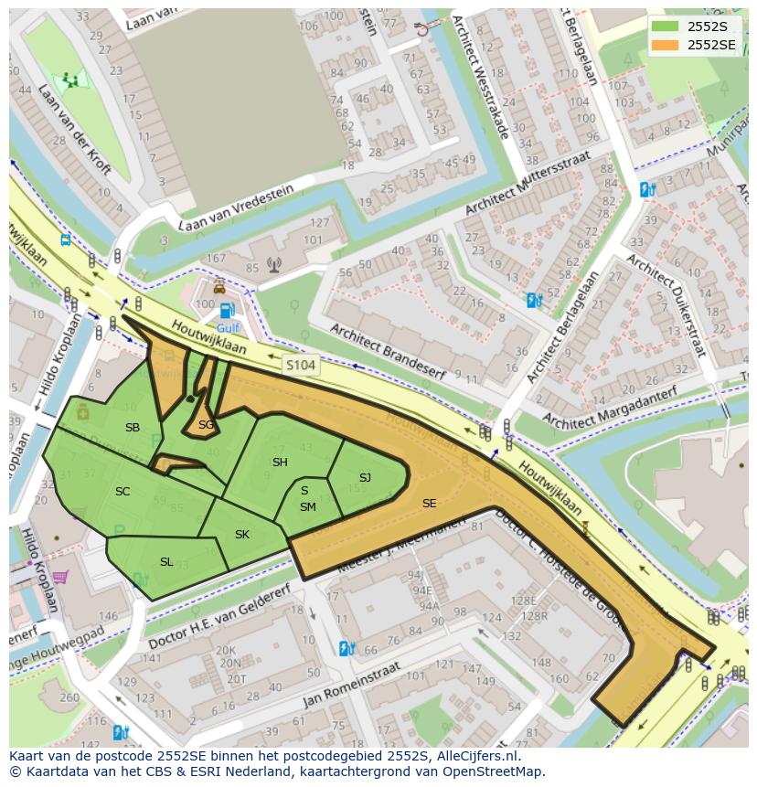 Afbeelding van het postcodegebied 2552 SE op de kaart.