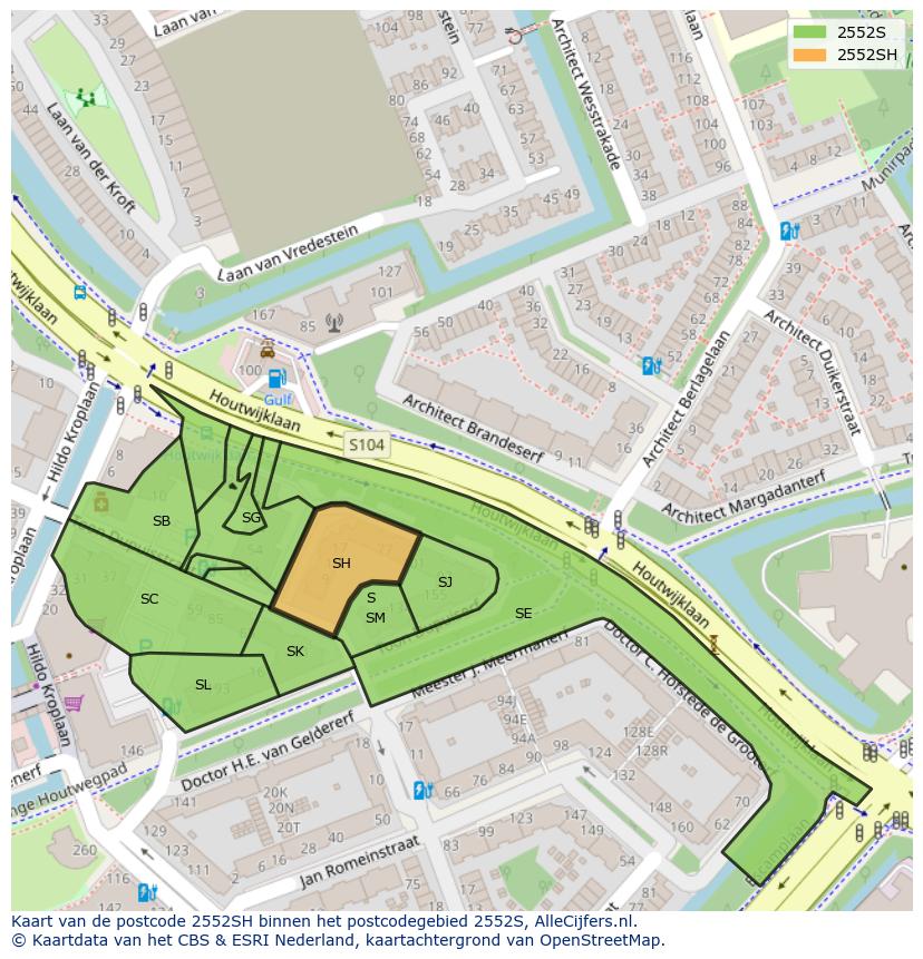 Afbeelding van het postcodegebied 2552 SH op de kaart.