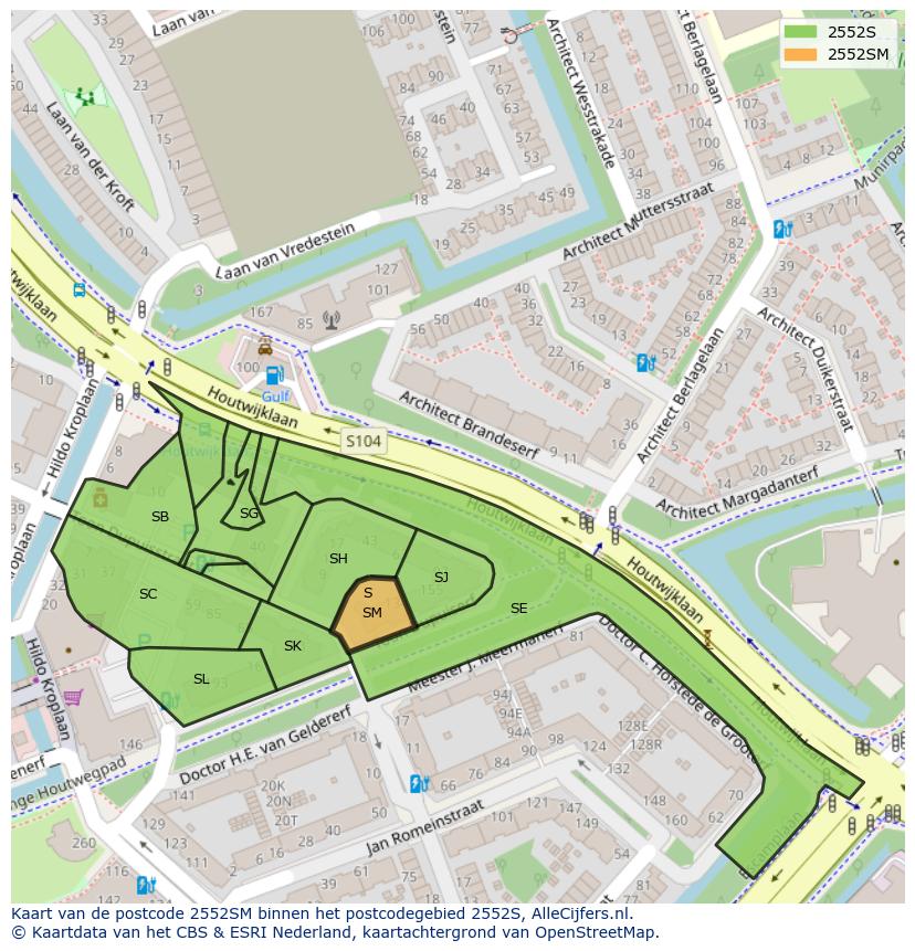 Afbeelding van het postcodegebied 2552 SM op de kaart.