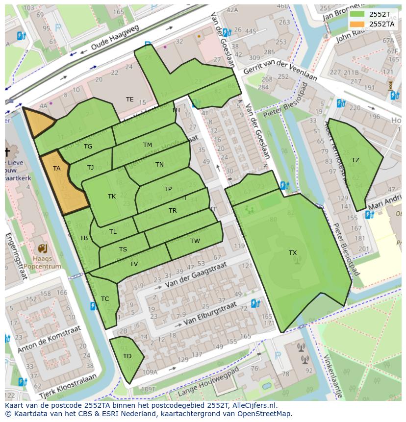 Afbeelding van het postcodegebied 2552 TA op de kaart.