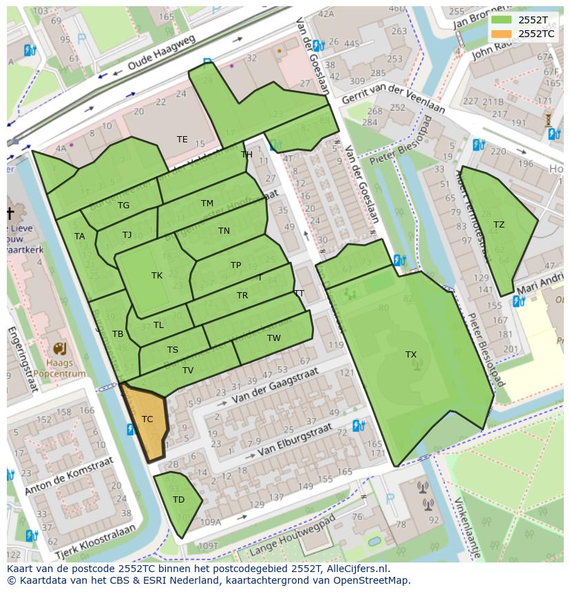 Afbeelding van het postcodegebied 2552 TC op de kaart.