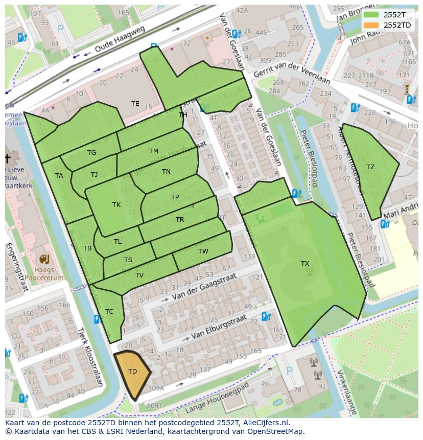 Afbeelding van het postcodegebied 2552 TD op de kaart.