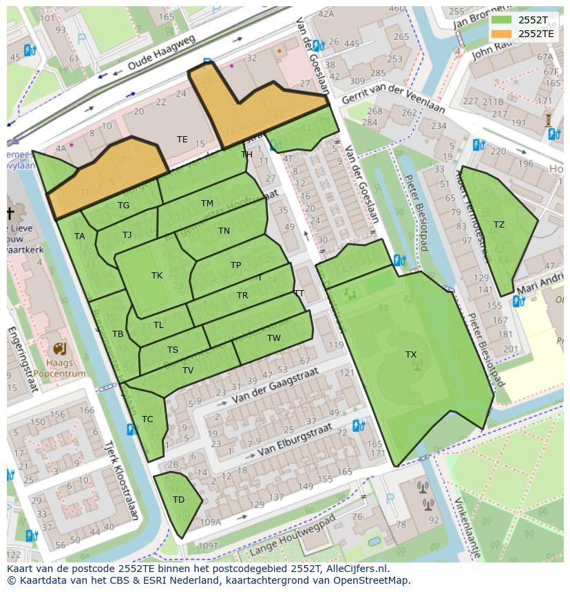 Afbeelding van het postcodegebied 2552 TE op de kaart.