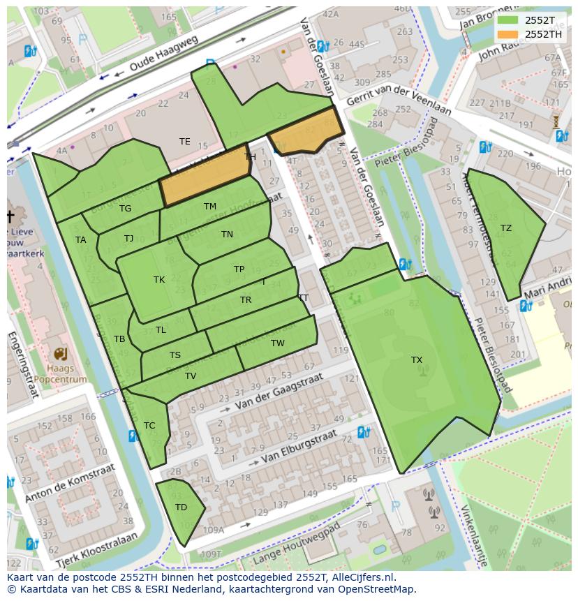 Afbeelding van het postcodegebied 2552 TH op de kaart.