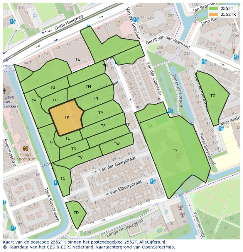 Afbeelding van het postcodegebied 2552 TK op de kaart.