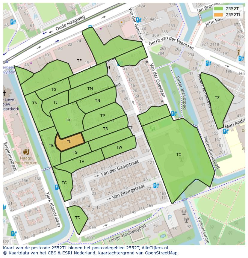 Afbeelding van het postcodegebied 2552 TL op de kaart.
