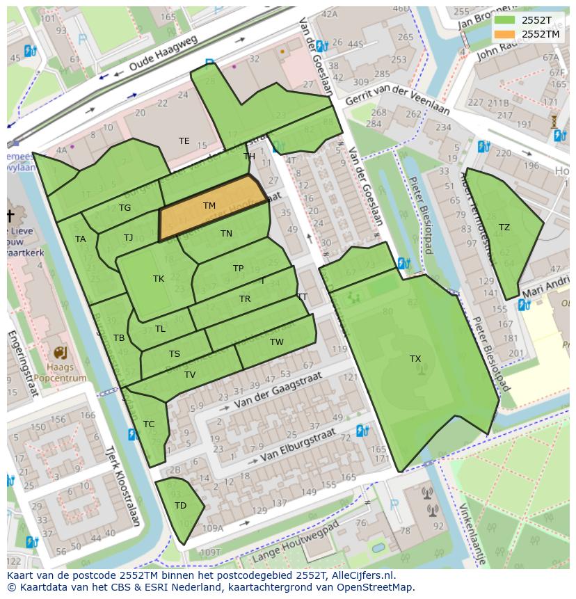 Afbeelding van het postcodegebied 2552 TM op de kaart.