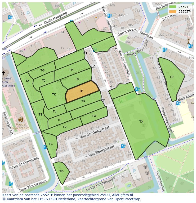 Afbeelding van het postcodegebied 2552 TP op de kaart.