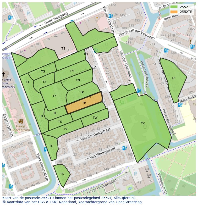 Afbeelding van het postcodegebied 2552 TR op de kaart.