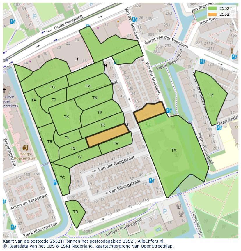 Afbeelding van het postcodegebied 2552 TT op de kaart.