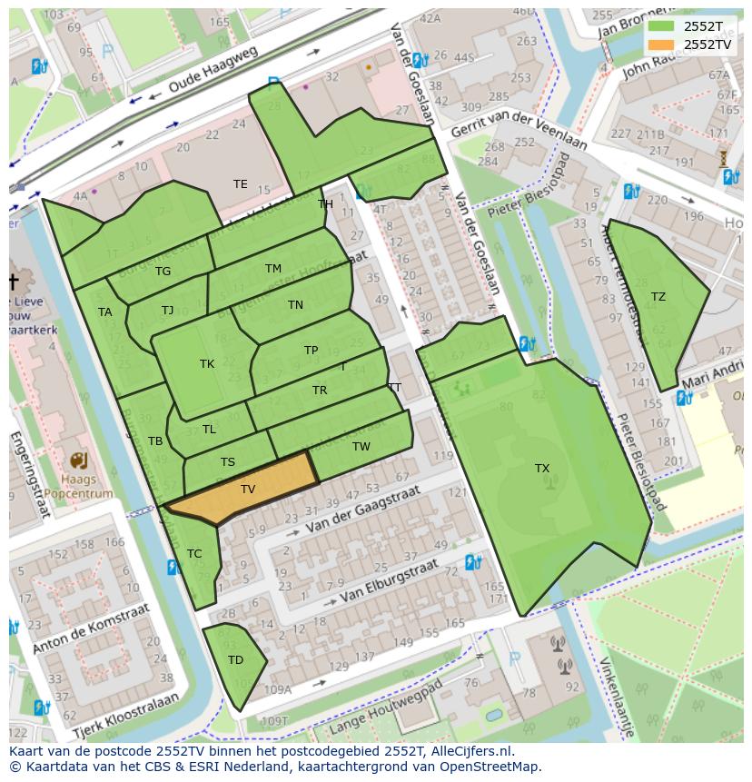 Afbeelding van het postcodegebied 2552 TV op de kaart.