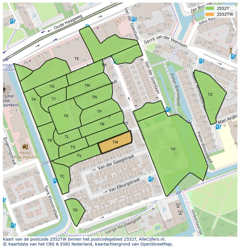 Afbeelding van het postcodegebied 2552 TW op de kaart.
