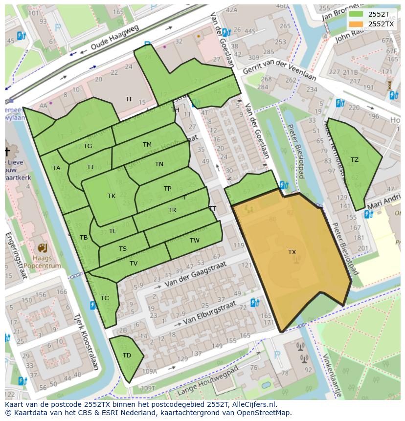 Afbeelding van het postcodegebied 2552 TX op de kaart.