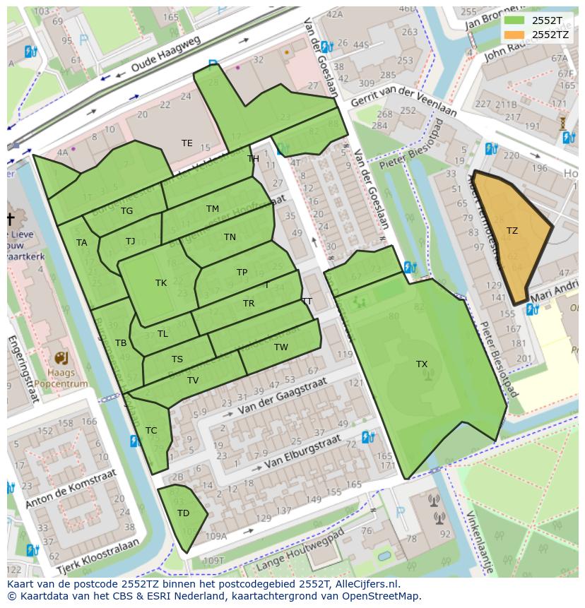 Afbeelding van het postcodegebied 2552 TZ op de kaart.
