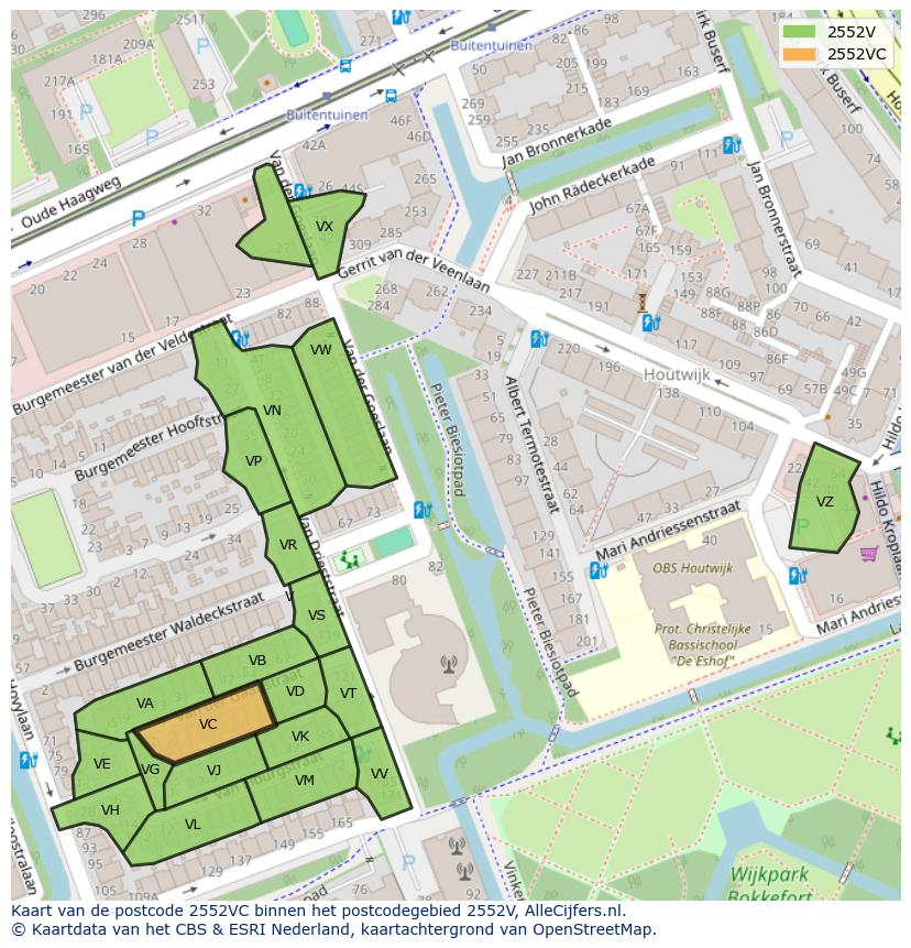 Afbeelding van het postcodegebied 2552 VC op de kaart.