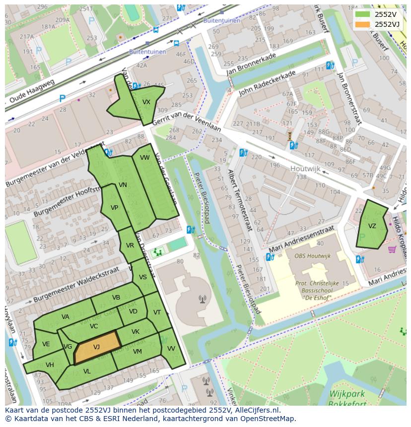 Afbeelding van het postcodegebied 2552 VJ op de kaart.