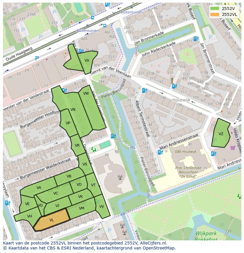Afbeelding van het postcodegebied 2552 VL op de kaart.