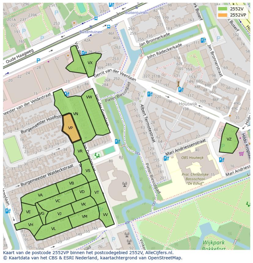 Afbeelding van het postcodegebied 2552 VP op de kaart.