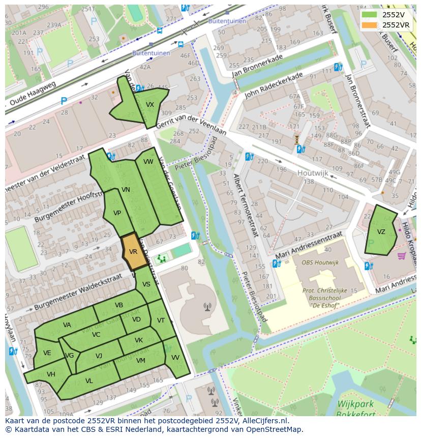Afbeelding van het postcodegebied 2552 VR op de kaart.
