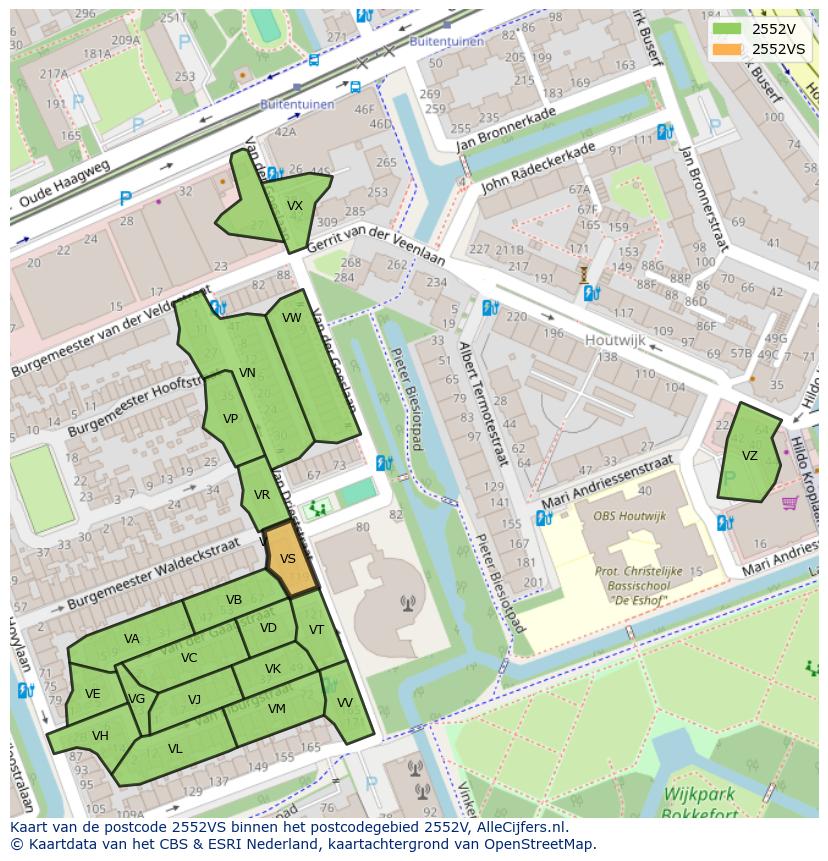 Afbeelding van het postcodegebied 2552 VS op de kaart.