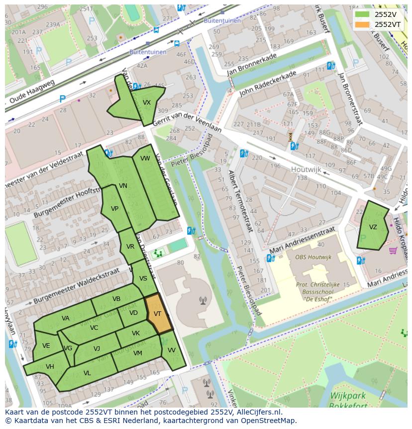 Afbeelding van het postcodegebied 2552 VT op de kaart.