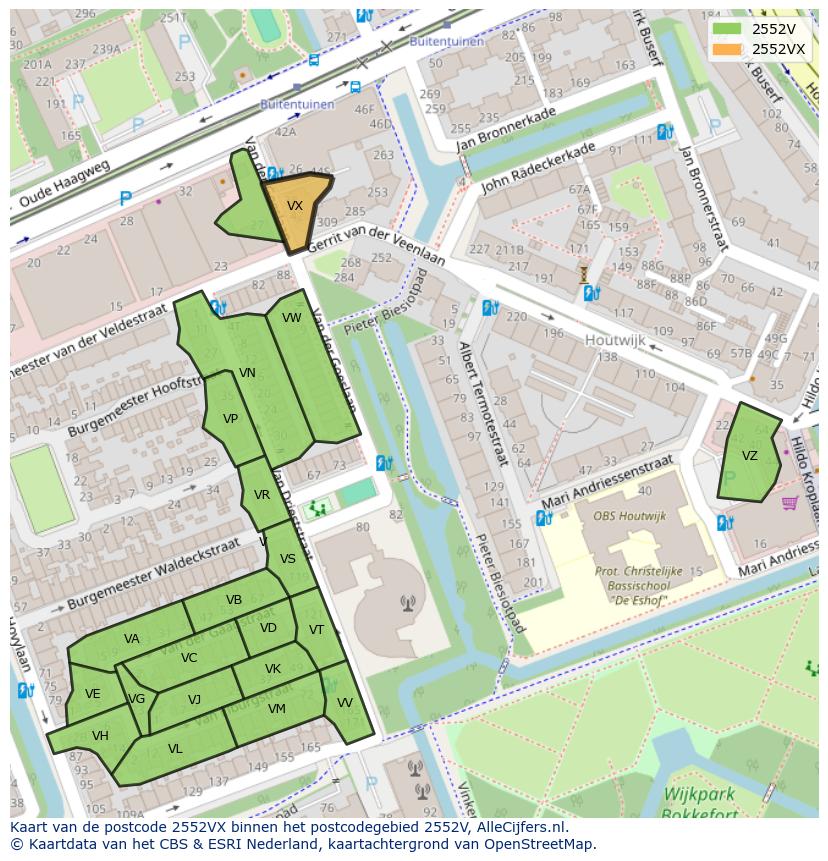 Afbeelding van het postcodegebied 2552 VX op de kaart.