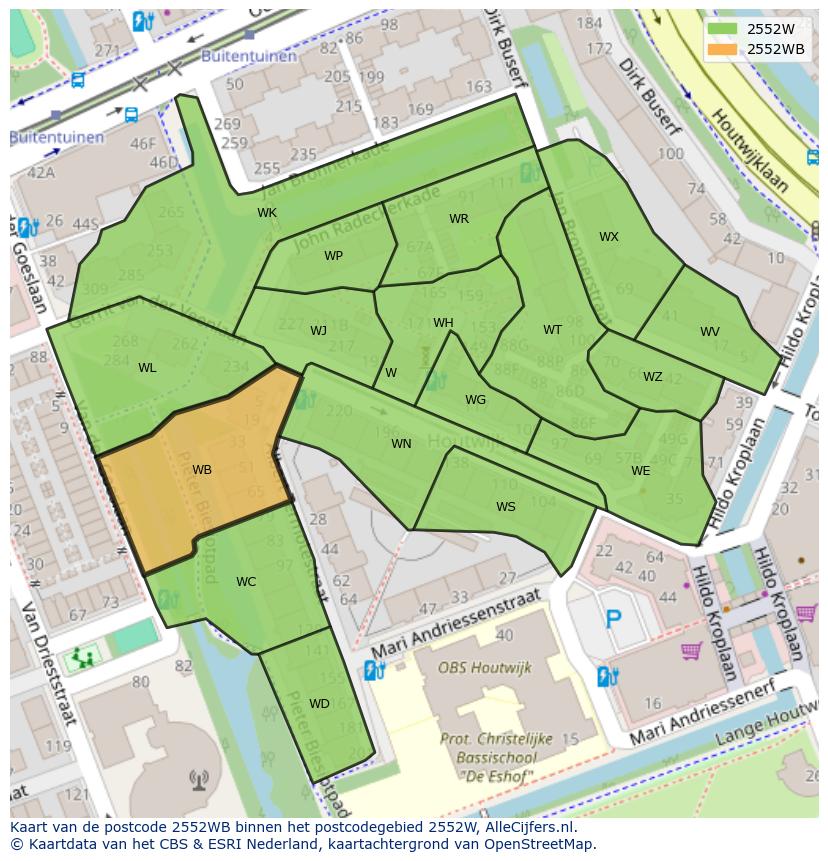 Afbeelding van het postcodegebied 2552 WB op de kaart.