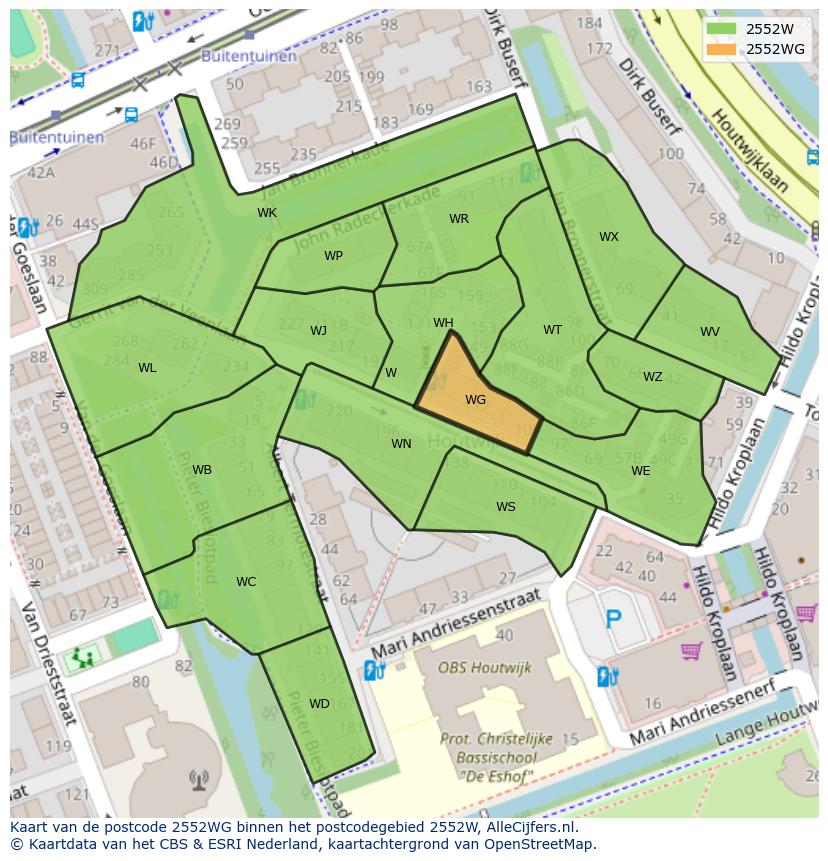 Afbeelding van het postcodegebied 2552 WG op de kaart.