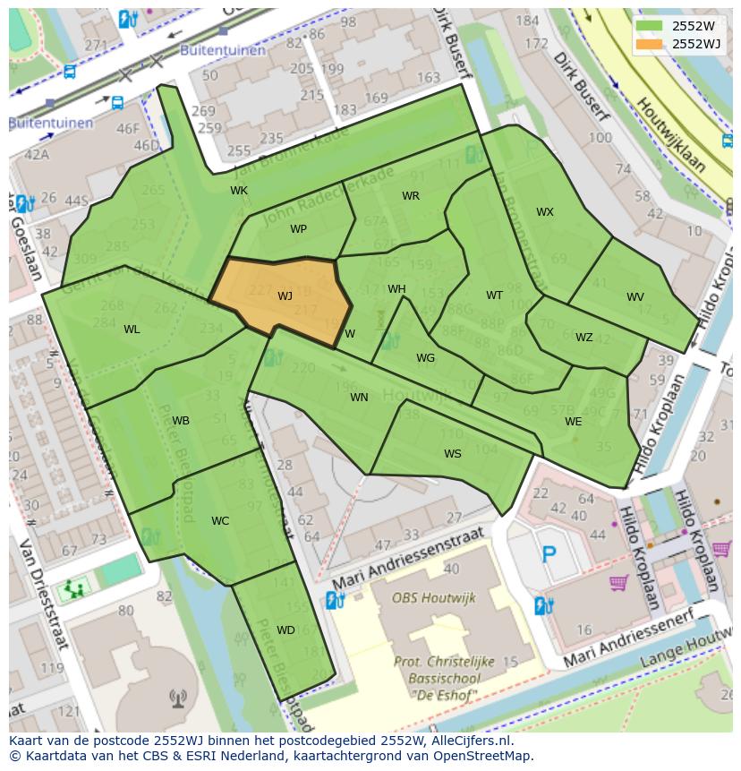 Afbeelding van het postcodegebied 2552 WJ op de kaart.