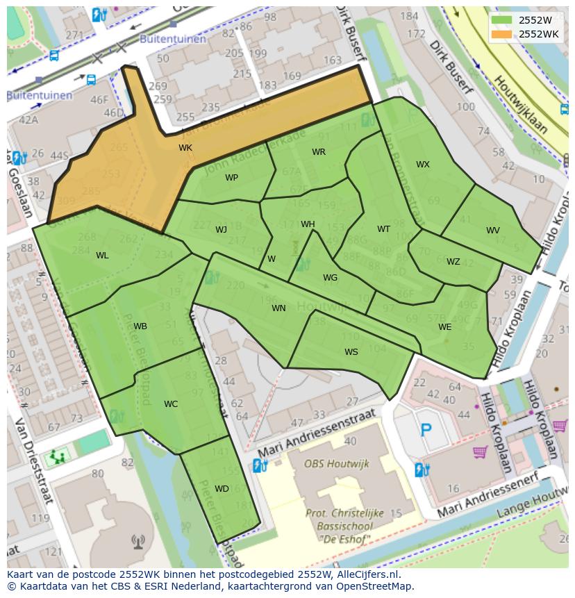 Afbeelding van het postcodegebied 2552 WK op de kaart.